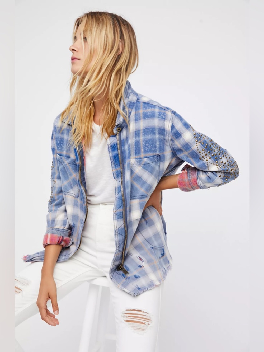 Free People Deconstructed Shirt Jacket 100% Cotton Flannel Blue Plaid Shacket XS